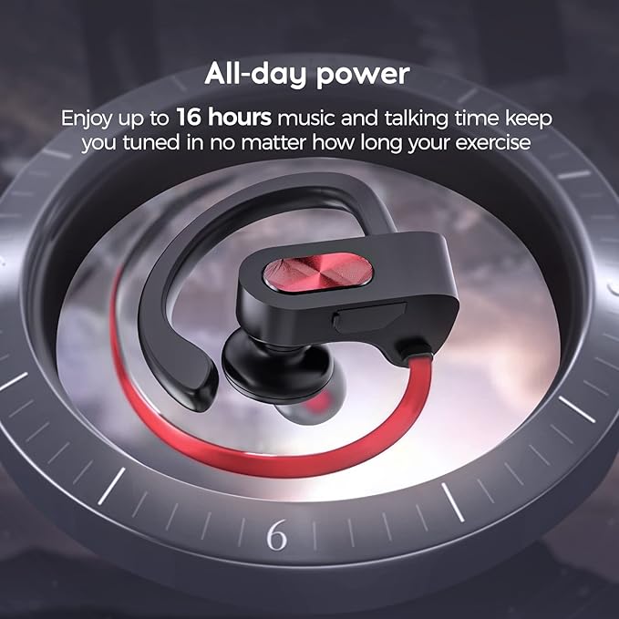 Sport Bluetooth Headphones with Microphone, 16H Deep Bass Running Headphones Wireless, IPX7 Waterproof Wireless Earbuds with Ear Hooks, CVC 6.0 Noise Cancelling Earbuds for Calls, Red