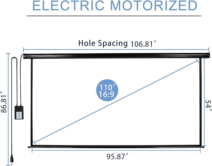 Kayle 110" Motorized Projector Screen Electric Diagonal Automatic Projection HD Movies Screen for Home Theater Presentation Education Outdoor Indoor W/Remote Control and Wall/Ceiling Mount (Black)