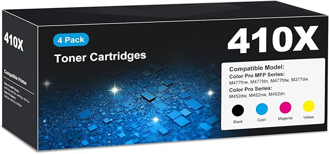 410X Toner Cartridge M477fnw M452dw CF410X 410A High Yield Compatible for HP 410A Toner Cartridge for Laser Jet Pro MFP M477fnw Pro M452dw M452dn MFP M477fdn M477fdw M377dw Pro M452nw HP410X 4 Pack