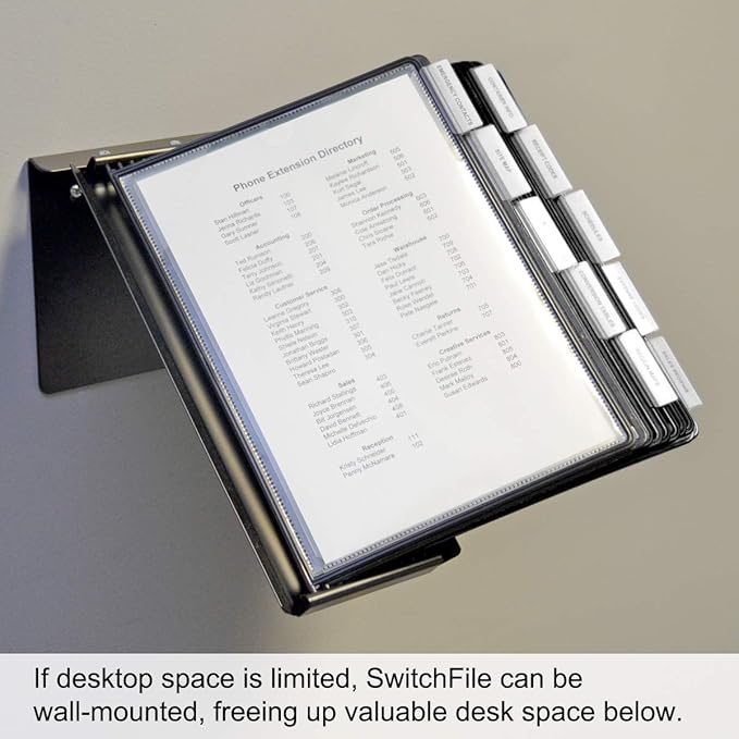 Ultimate Office SwitchFile Reference Organizer Displays Both Landscape or Portrait Documents, Desk or Wall Mount, Featuring, 10 EZ-Load Pockets to Hold 20 Sheets of Paper, Black Pockets
