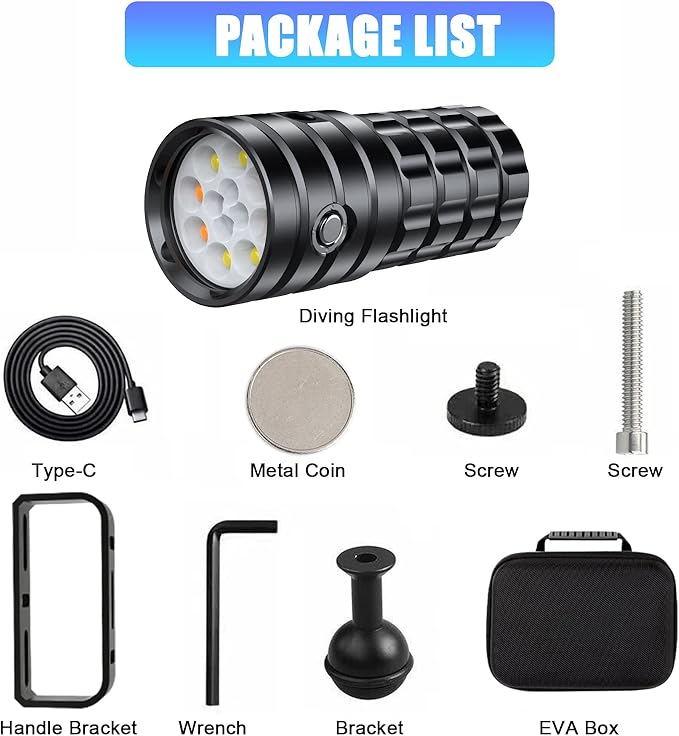 Dive Light for Underwater Photography, 5000Lumens Super Bright Diving Flashlight, 100M Waterproof Underwater Video Light with Type-C Charging, Professional for Underwater Lighting