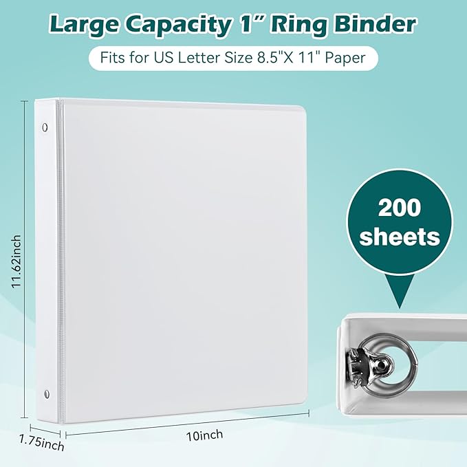 3 Ring Binder 1 Inch 12 Pack, 1" Clear View with Round Rings, PVC-Free,Holds for 200 Sheets 8.5“ x 11" US Letter Size Paper, Durable White Binders Perfect for Office,School and Home