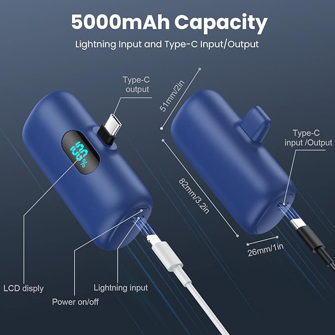 [2-Pack] Mini Portable Charger 5000mAh Power Bank,3A PD USB C Cell Phone Portable Power, LCD Display Battery Pack Compatible with iPhone 16/15/15 plus/15 pro/15 pro Max/Android/Samsung/Moto/LG etc