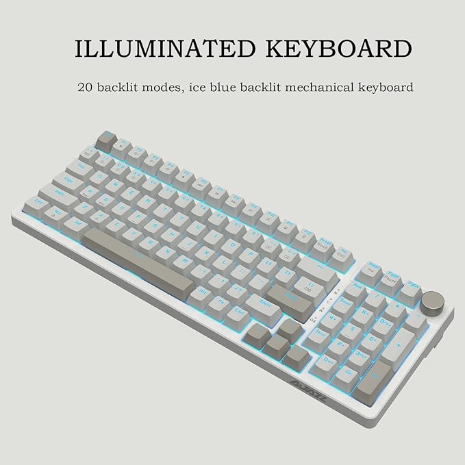 FIRSTBLOOD ONLY GAME. AK992 Retro Wired Mechanical Keyboard, 98 Keys Full Layout, Hot-Swappable USB Gaming Keyboard with Red Switches, Multimedia Keys Knob, Blue Backlit, Anti-Ghosting, Grey