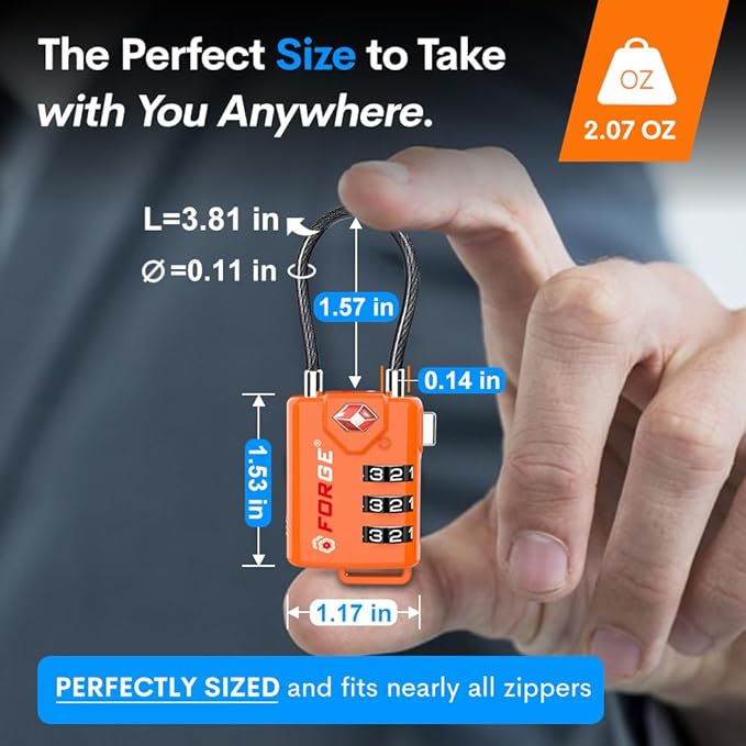 TSA Approved Cable Luggage Locks, Re-settable Combination with Alloy Body, Orange 4 Locks.