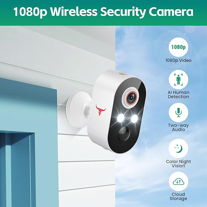 1080p Wireless Security Camera with AI Human Detection, Night Vision, 2-Way Talk, Cloud Storage, 2.4G WiFi, Battery Camera for Home Security (2 Spotlights)