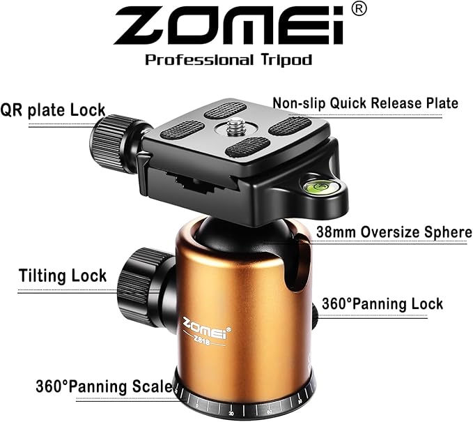 ZOMEI Tripod,Camera Tripod,Lightweight Camera Travel Z818 Tripod Aluminium Alloy Monopod with 360 Panorama Ball Head Quick Release Plate Ball for DSLR Canon Sony Nikon Cameras(Gold)