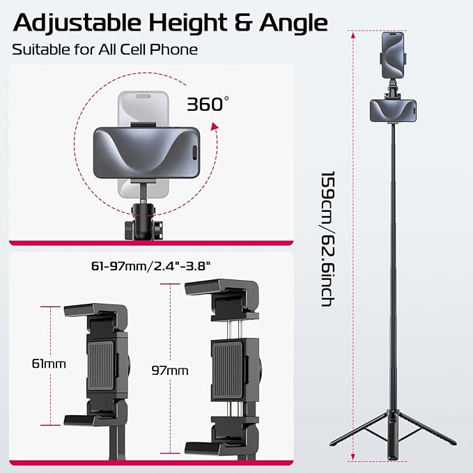 ULANZI MT-70 Extendable Tripod, 63" Selfie Stick Vlog Tripod Stand with 2 Phone Clips as Teleprompter, 360° Rotate Camera Holder for iPhone, Sony, Canon, DJI Osmo Nano, Lightweight for Travel, Black