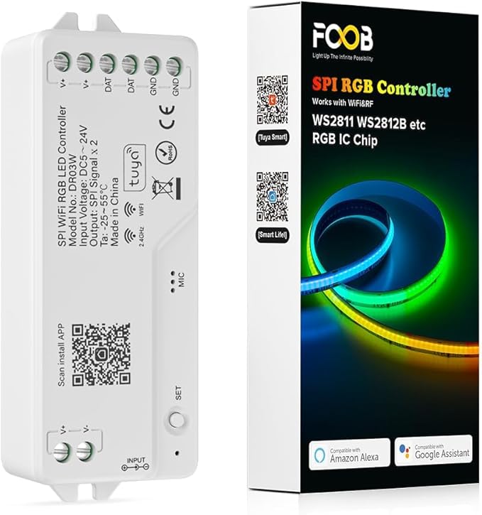 WiFi RGB IC LED Controller DR03W, Control by Smart Life/Tuya APP/Alexa/Google Home, Support WS2811/WS2812B COB Strip, SPI RGB Controller Work with WR01RF RC03RFB RF Remote
