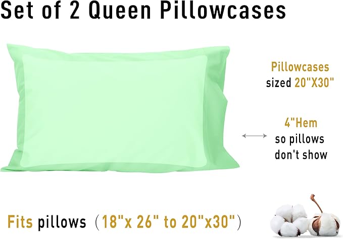 Sunflower Queen Pillowcases Set of 2, 100% Cotton Queen Size Pillow Cases 2, 20×30 inches Green Ash, Soft and Breathable