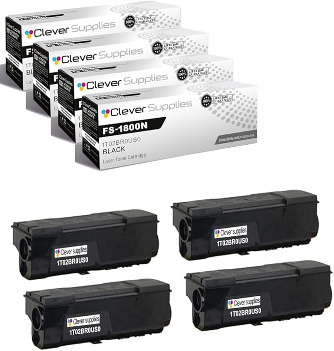 Clever Supplies CS Replacement Compatible with Kyocera FS 1800N Toner Cartridge 1T02BR0US0 to use with FS-1900 FS-1900N FS-3800 FS-3800N (Black, 4-Pack)