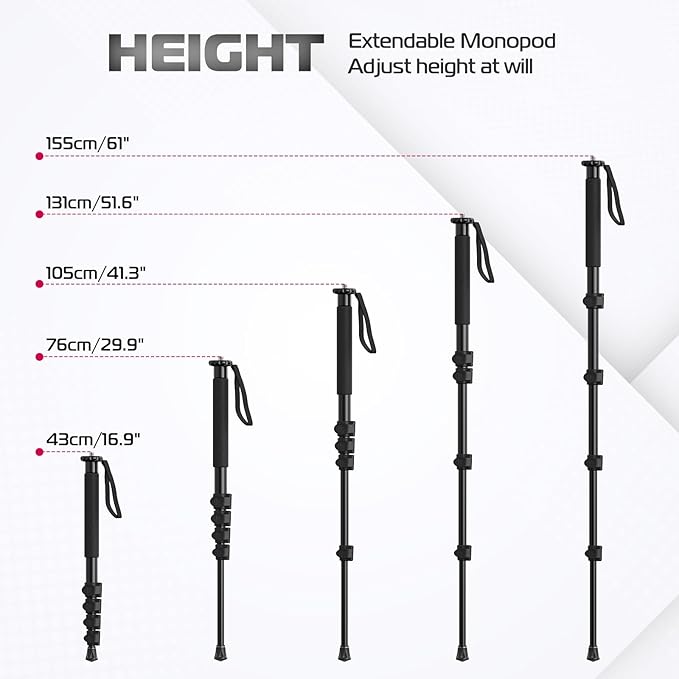 ULANZI TB12 61-Inch Camera Monopod - Portable Tripod & Monopod Photography Stick with 5-Section Height, Aluminum Compact Travel Camera Stick for Canon, Nikon, Sony Mirrorless, DSLR, Easy to Carry