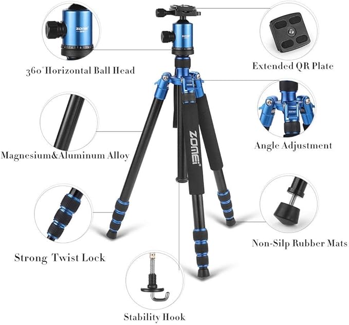 ZOMEI Z818 Tall Camera Tripod 65'' Aluminium Alloy Monopod with 360 Panorama Ball Head Quick Release Plate(Blue)