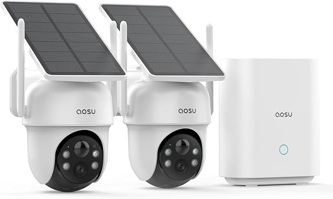 AOSU Security Cameras Outdoor Wireless, 2 Cam-Kit, No Subscription, Solar-Powered, Home Security Cameras System with 360° Pan & Tilt, Auto Tracking, 2K Color Night Vision, Easy Setup, 5G & 2.4G WiFi