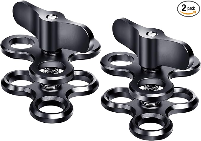 3-Hole 1" Aluminum Underwater Camera Clamp Ball Mount (2-Pack) - Underwater Bracket for Diving Light Arms & Camera Trays, Saltwater-Resistant Adapter for Scuba Photography/Videography Gear