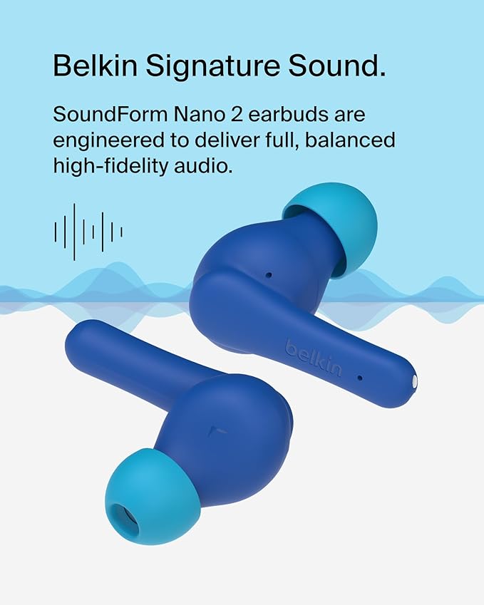 Belkin SoundForm Nano 2 Bluetooth Earbuds for Kids with Built-in Microphone, 28H Battery Life, Safe 85dB Volume, IPX5 Water Resistance - Kids Bluetooth Earbuds for iPhone, iPad, Galaxy, & More - Blue