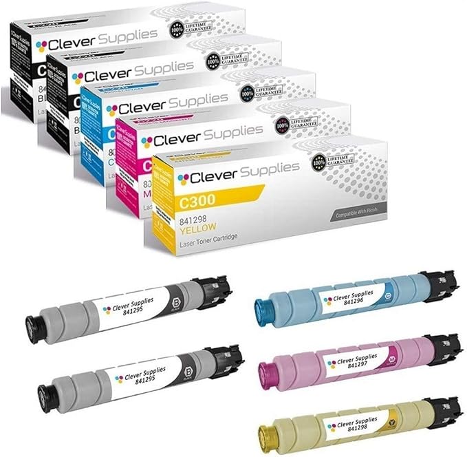 CS Replacement Toner Cartridge Compatible with Ricoh C300 841295 Black 841296 Cyan 841297 Magenta 841298 Yellow Color Laser Aficio MP C300 Aficio MP C300SR Aficio MP C400 5 Color Set