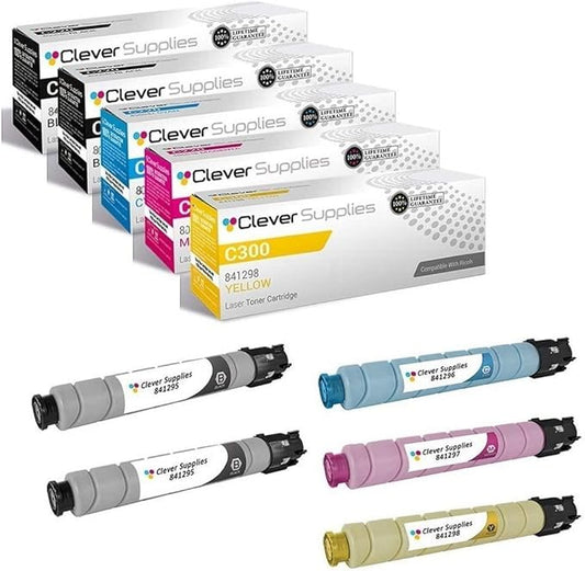 CS Replacement Toner Cartridge Compatible with Ricoh C300 841295 Black 841296 Cyan 841297 Magenta 841298 Yellow Color Laser Aficio MP C300 Aficio MP C300SR Aficio MP C400 5 Color Set