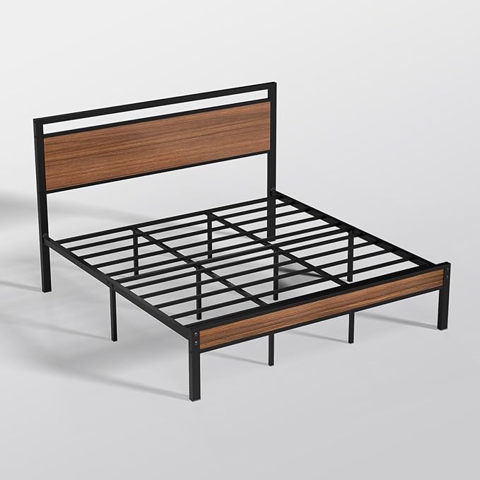 Z-hom Upgraded King Size Bed Frame, Heavy Duty Metal Sturdy King Bed Frame with Modern Wood Headboard & Footboard, Stable Platform Bed Furniture Bed Storage, No Noise, No Box Springs,Walnut