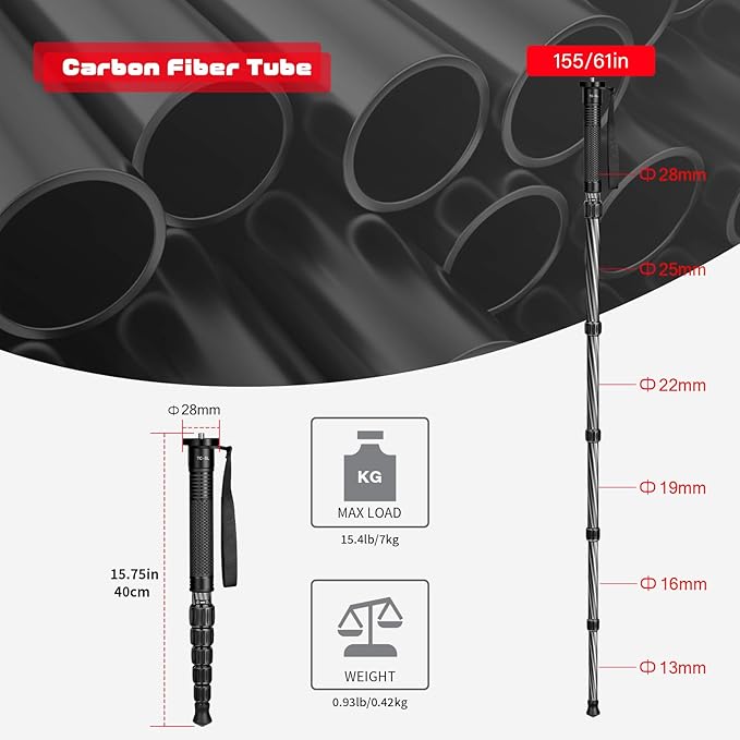 TONYBOO TC-5L 61 inch Camera Monopod,28mm Carbon Fiber Monopod,6-Section Height,Portable Lightweight,Max Load 16 lbs,Heavy Duty Camera Stand for Photography DSLR Canon Nikon Sony,Easy to Carry