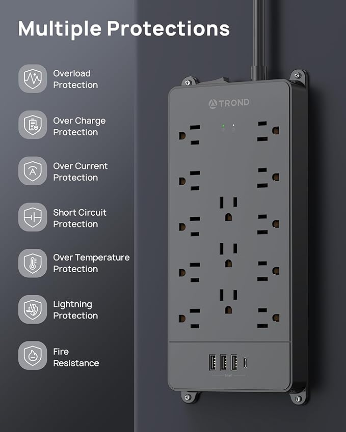 TROND Power Strip Surge Protector 10 ft Cord, 4000 Joules, ETL Listed, 13 Widely-Spaced Outlets Expansion with USB C Ports, Low-Profile Flat Plug, Wall Mount, Extension Cord, 14AWG Heavy Duty, Black