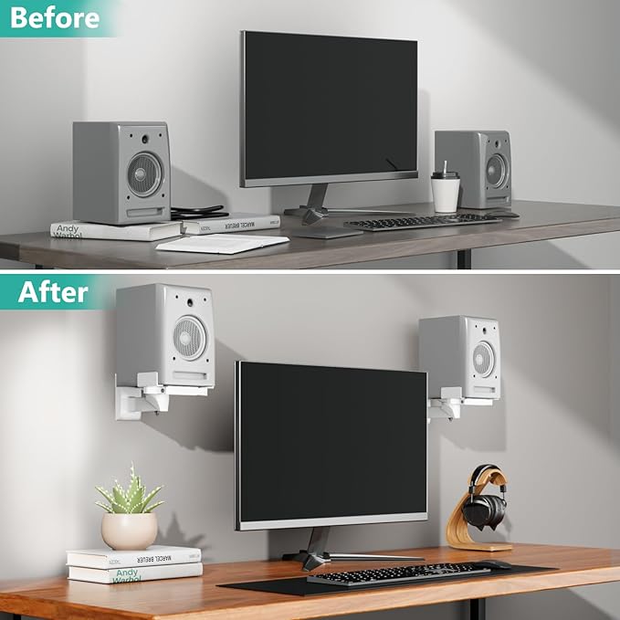 WALI Speaker Wall Mounts, Dual Side Clamping Bookshelf Mounting Bracket for Large Surrounding Sound Speakers, Hold up to 55 lbs. (SWM201-W), 1 Pair, White