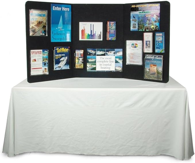 3-Panel Tabletop Display Presentation Board, 72 x 36, No Plastic Edging - Black Hook & Loop-Receptive Fabric