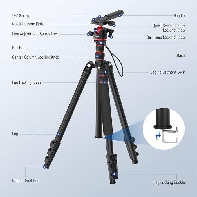 NEEWER Basics Camera Tripod Monopod, 77" Compact Lightweight Travel DSLR Video Stand, 360° Ball Head, Arca Type QR Plate, Reversible Legs & Inverted Central Axis, 13lb Max Load, TP08