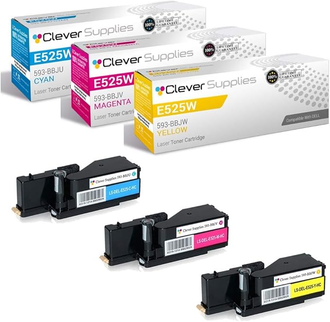 CS Replacement Toner Cartridge Compatible with Dell E525W 593-BBJU Cyan 593-BBJV Magenta 593-BBJW Yellow Multifunction E525W 3 Color Set