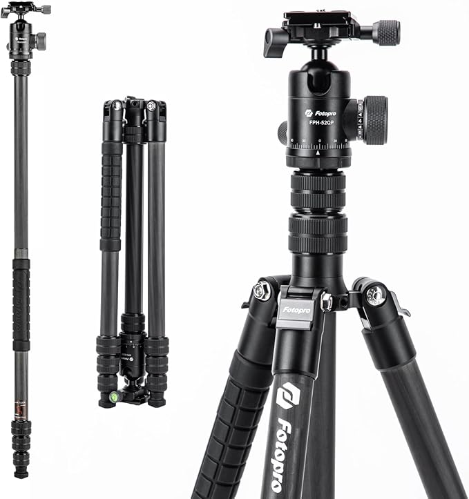 Fotopro 73" Carbon Fiber Tripod for Camera Compact Travel Tripod with Ball Head Detachable Monopod with Quick Release Plate and Camera Bag Load up to 22lbs/10KG X-Go Plus E2 Black