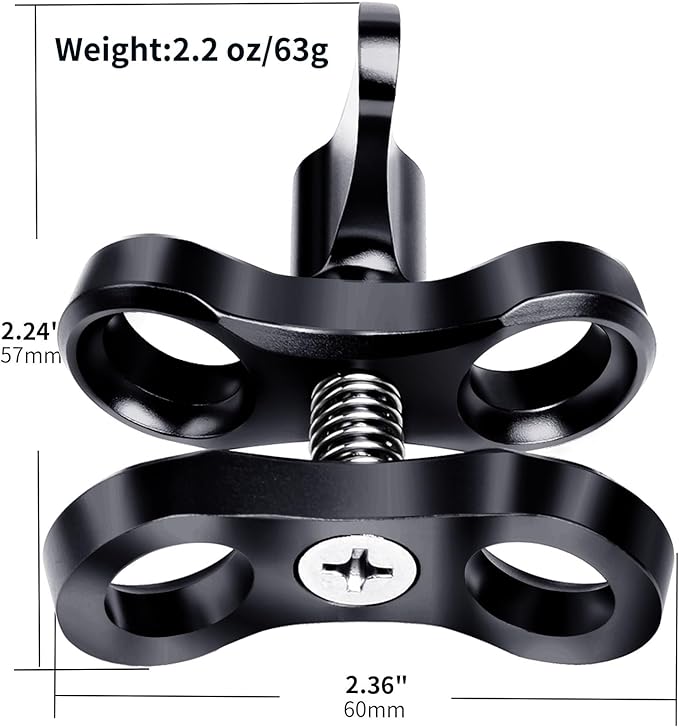 2-Hole 1" Aluminum Underwater Camera Clamp Ball Mount (2-Pack) - Underwater Bracket for Diving Light Arms & Camera Trays, Saltwater-Resistant Adapter for Scuba Photography/Videography Gear