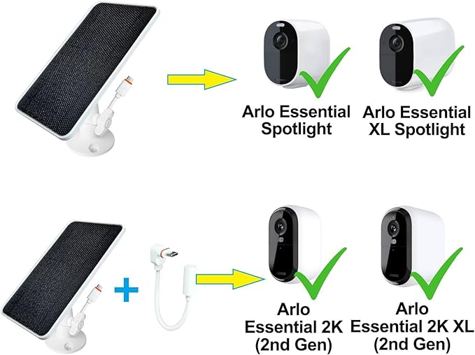 JJMASEE Solar Panel Charger for Arlo Essential/XL Spotlight Cam and Essential 2K/2K XL (2nd Gen), with 13FT Weatherproof Long Cable and 360° Adjustable Aluminium Alloy Mount(2 Pack)