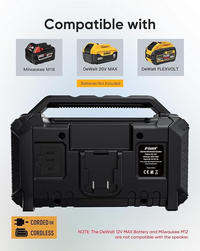 Inwa Jobsite Bluetooth Speakers, 60W Outdoor Portable Wireless Speakers, Compatible with DeWalt & Milwaukee Battery, Loud Boombox w/Bass, RGB Lights & Aux, for Work/Workshop/Garage(Black)