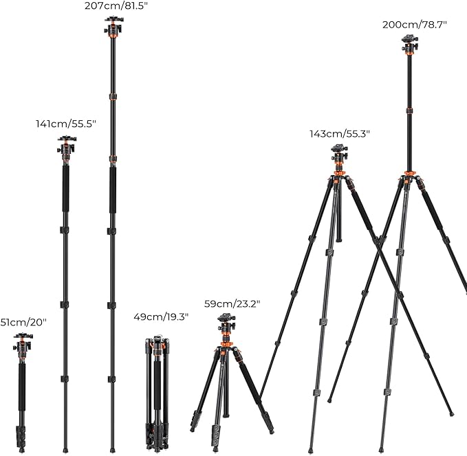 K&F CONCEPT 78 inch DSLR Camera Tripods with Magnesium Alloy Rotatable Multi-Angle Center Column,Load Capacity up to 22lbs/10kg K234A7+BH-28L+Extension Arm Kits