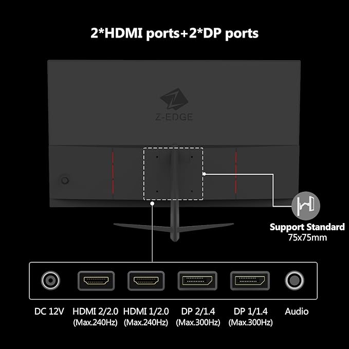 Z-Edge 24.5 inch 300Hz 280Hz 240Hz Gaming Monitor, UG25S FHD 1080p, Ultra Fast MPRT 1ms, IPS Monitor Gaming, PC Computer Monitor, 16.7M Colors, DP x2, HDMI x2