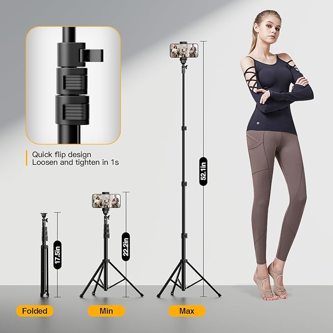 EMART 52’’ Cell Phone Tripod Stand for iPhone, Adjustable Floor Cellphone Tri Pod Holder with Remote, Portable Smartphone Compact Travel Selfie Stick for Video Recording Camera Ring Light Filming
