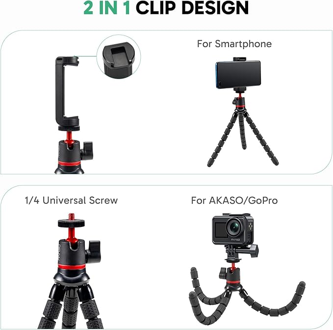 AKASO Flexible Tripod Action Camera Accessories Kit for GoPro Hero 13/12/11/10/ 9/8 Max/DJI Osmo Action/AKASO 360 Camera/EK7000/Brave 4/Brave 7 LE/Brave 7/Brave 8/V50X Action Camera