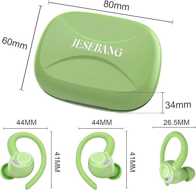 Wireless Earbuds, Bluetooth 5.4 Headphones Sport, Over Ear Buds With ENC Noise Cancelling Mic, 48H, Wireless Earphone With Earhooks, Stereo Deep Bass, IP7 Waterproof ear bud for Workout Running, Green