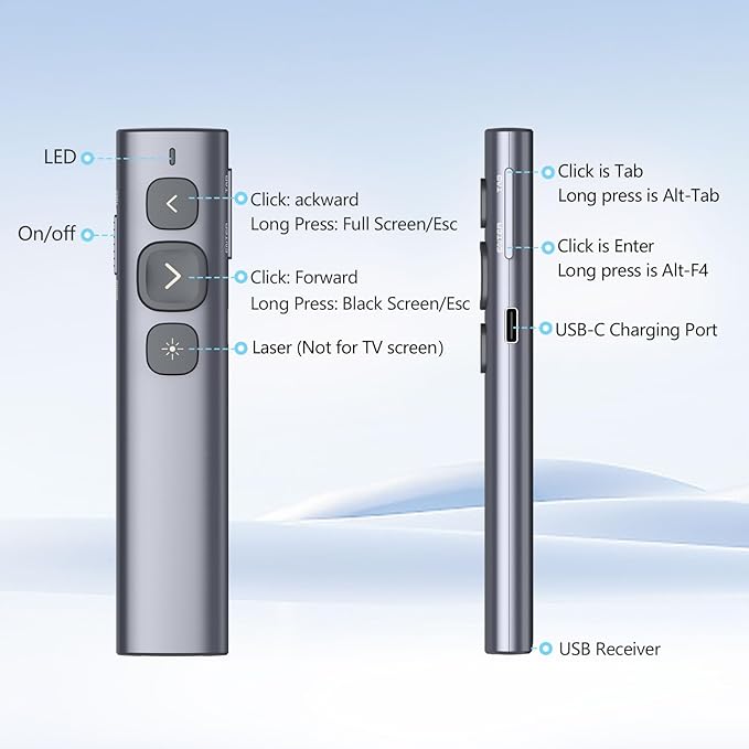 Norwii N95 Presentation Clicker with USB-A&C Receiver, PowerPoint Clicker for Presentation Remote, Rechargeable Wireless Presenter Pointer, Slide Advancer for PC/Laptop/e-Book(Red, USB-AC)