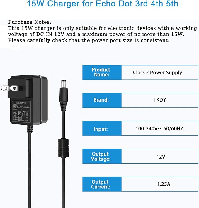 15W Charger Power Cord Compatible with Alexa Echo Dot (3rd 4th 5th Gen), Show 5 (1st 2nd Gen), Fire TV Cube, Pop, Spot 12V 1.25A Power Adapter.