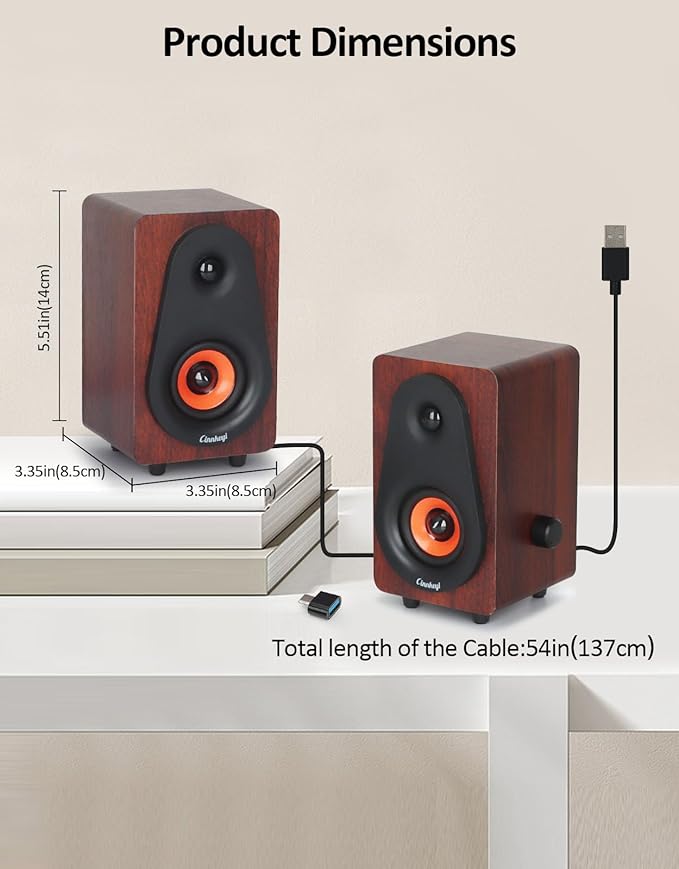 Small Computer Speakers, 2.0 Wooden Speakers for PC or Laptop, USB-Powered Small PC Speakers, Suitable for Desktop Computers/Laptops Built-in 2x2 Speaker Diaphragms