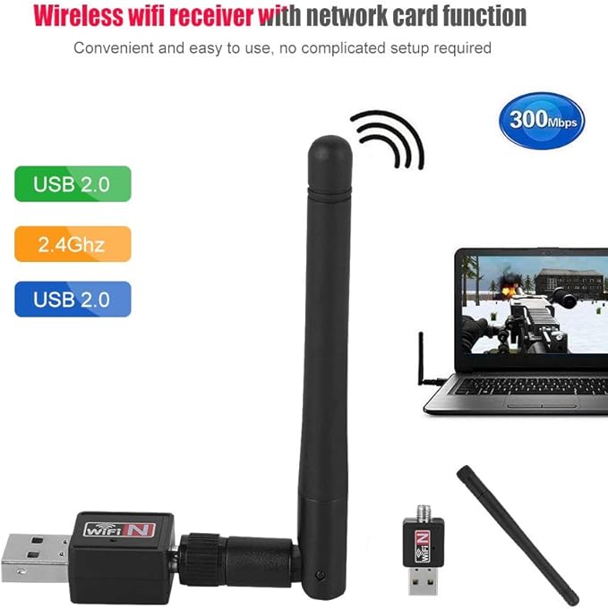 USB WiFi Dongle, 2.4Ghz 300Mbps Wireless USB2.0 Network Card WiFi Adapter Signal Transceiver with Mini Antenna, Support for Windows 2000 / XP / Vista / 7 / 8 / 10 / MAC / Linux