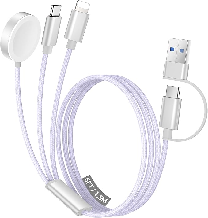 Temdan for Travel Vacation Essentials,3 in 2 USB C Cable for Apple Watch Charger/iPhone 17 Charger/Lightning,Multi Charging Cable Cord,Camping Essentials,Designed for iWatch &iPhone 16-12-5FT Purple