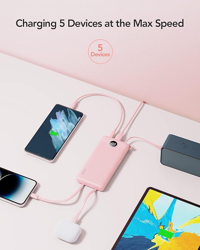 VRURC Portable Charger Power Bank, 10000mAh Travel Essentials Battery Pack, 5 Outputs 2 Inputs Slim Charging Bank Built-in Cables Cords Wires Compatible with iPhone,Samsung,Android-Pink(1 Pack)