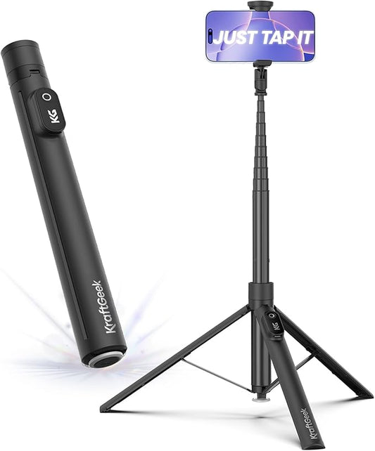 KraftGeek Automatic Tripod for iPhone, 66" Phone Tripod Selfie Stick for Cell Phone, Tripod Stand with Remote for Video Recording, Black