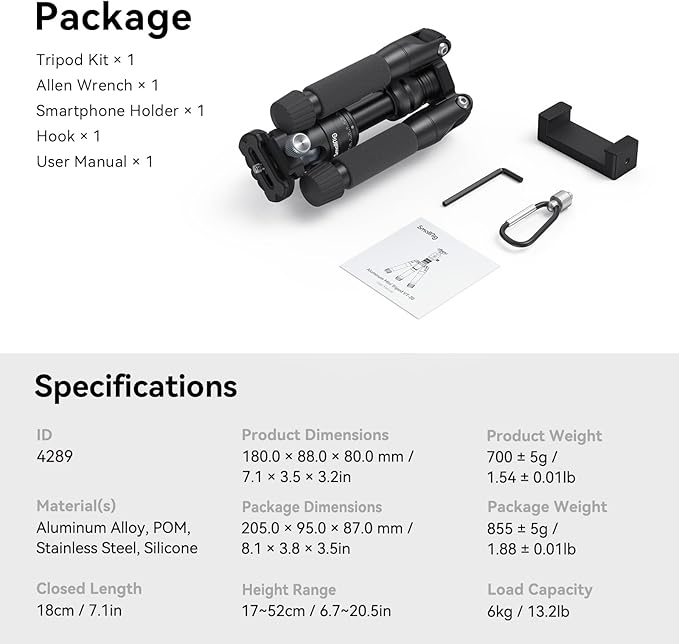 SmallRig VT-20 Aluminum Mini Tripod, 20" Desktop Tripod with 360° Ball Head, Compact Desktop Tripods for DSLR Camera Video Camcorder, Load up to 13lb/6kg-4289