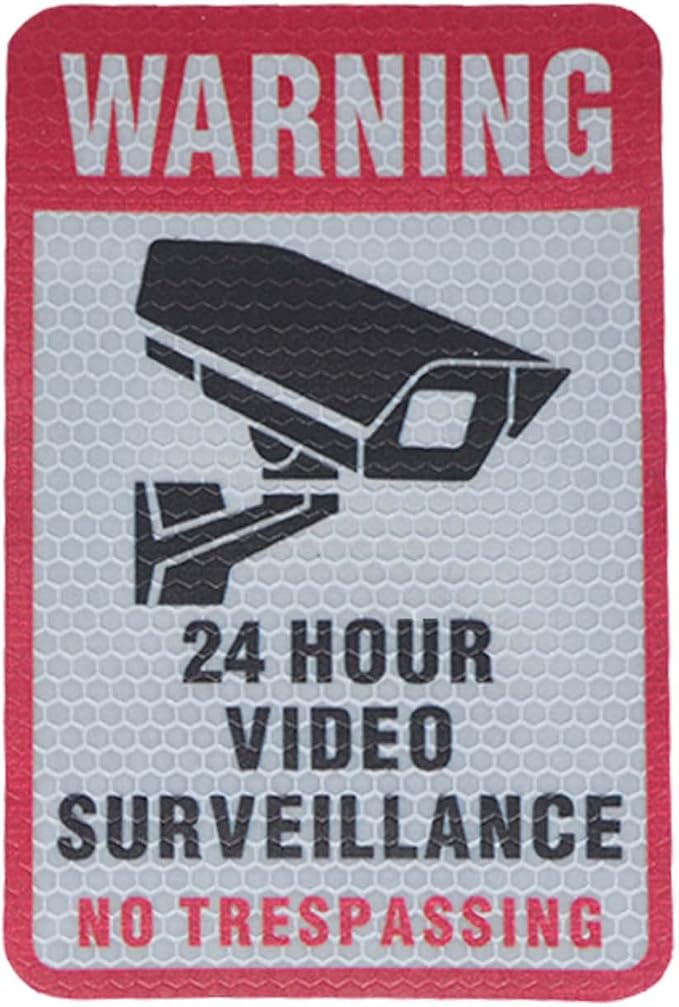 5 Pieces 24 Hours Video Recording Surveillance No Trespassing Sign Sticker. Self Adhesive 5.9 X 4 Inch, It Is Made of Reflective Film,Printed With UV Ink,Waterproof and Sunscreen, Not Fade.