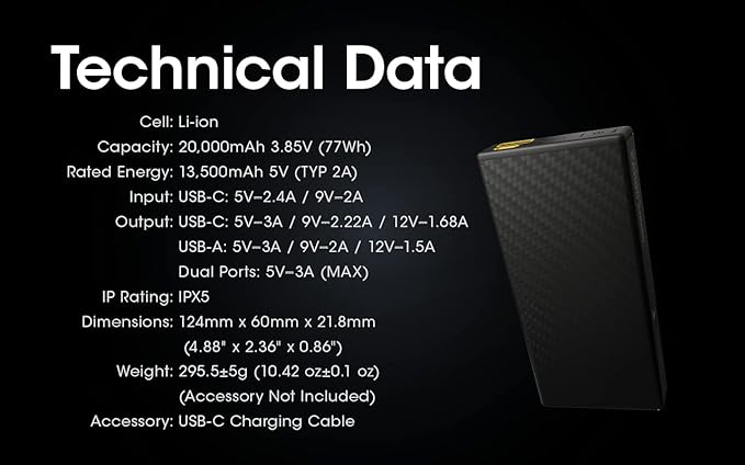Nitecore Carbo 20000 Lightweight 20000mAh Power Bank for Outdoor, QC PD Quick Charge, USB & USB-C Dual Ports Waterproof Impact Resistant with Lumentac USB Cable