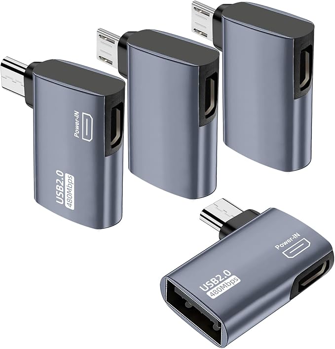 AreMe 4 Pack OTG Cable Adapter for Fire TV Stick 4K, 90 Degree Left and Right Angle Powered Micro USB to USB OTG Adapter for Android Phone Tablet and More Host Devices with Micro USB (Grey)