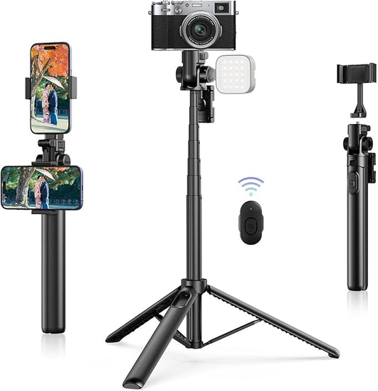 ULANZI MT-70 Extendable Tripod, 63" Selfie Stick Vlog Tripod Stand with 2 Phone Clips as Teleprompter, 360° Rotate Camera Holder for iPhone, Sony, Canon, DJI Osmo Nano, Lightweight for Travel, Black